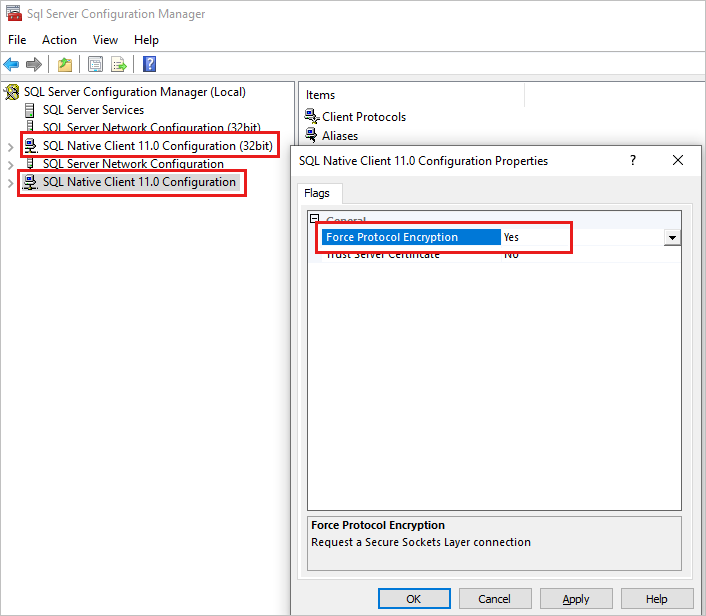 Zrzut ekranu przedstawiający właściwości konfiguracji klienta SQL Native Client 11.0 w programie SQL Server Configuration Manager.