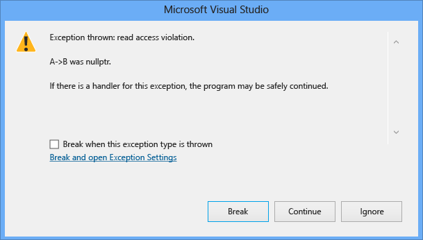 Zrzut ekranu przedstawiający okno dialogowe wyjątku programu Microsoft Visual Studio z naruszeniem dostępu do odczytu dla elementu 