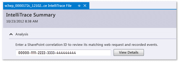 Dziennik IntelliTrace — wprowadź identyfikator korelacji programu SharePoint