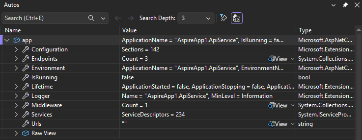 Screenshot pokazujący, jak spojrzeć na okno Autos w Visual Studio.