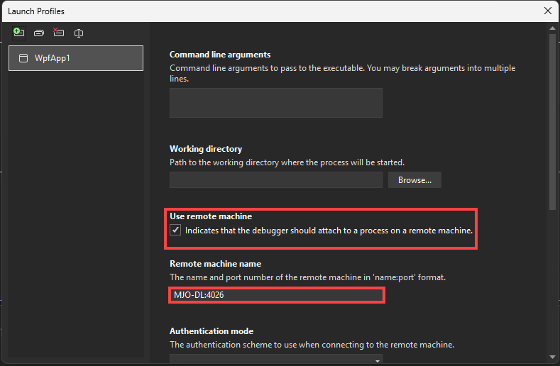  Zrzut ekranu przedstawiający interfejs użytkownika profilu uruchamiania debugowania w właściwościach Visual Studio Project dla języka C# i .NET.