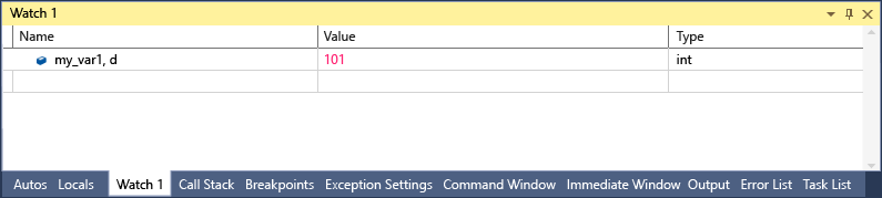 Zrzut ekranu przedstawiający okno Watch programu Visual Studio z jednym wierszem, który pokazuje my_var1, d z wartością 101 i typem int.