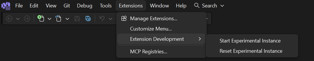 Zrzut ekranu przedstawiający polecenia menu służące do resetowania lub uruchamiania eksperymentalnego wystąpienia programu Visual Studio.