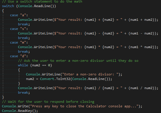 Zrzut ekranu przedstawiający poprawioną sekcję przełącznika w edytorze programu Visual Studio Code.