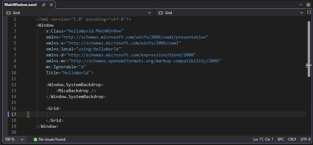Zrzut ekranu przedstawiający plik MainWindow.xaml otwarty w środowisku IDE programu Visual Studio. Okienko Edytor XAML zawiera znaczniki XAML dla okna.