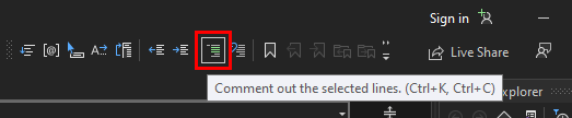 zrzut ekranu przedstawiający przycisk Wykomentuj na pasku narzędzi Edytora tekstu w programie Visual Studio 2022.
