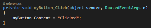 Zrzut ekranu przedstawiający kod języka C# dla domyślnej procedury obsługi zdarzeń Button_Click w programie Visual Studio 2022.