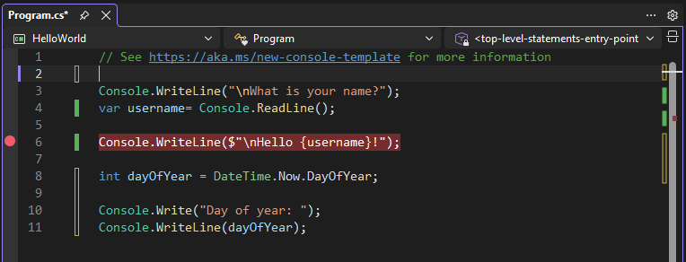 Screenshot przedstawiający punkt przerwania w wierszu kodu w Visual Studio.