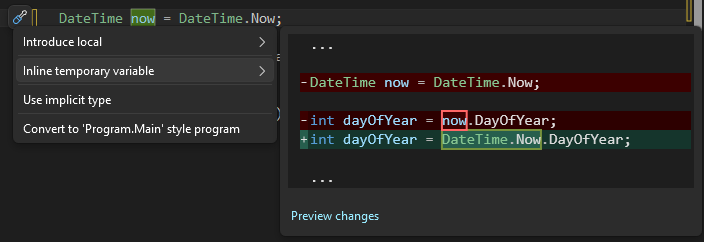 Zrzut ekranu przedstawiający sugestię użycia liniowej zmiennej tymczasowej w Visual Studio.