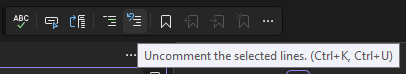 Zrzut ekranu przedstawiający przycisk Usuń komentarz na pasku narzędzi Edytor tekstów w programie Visual Studio.