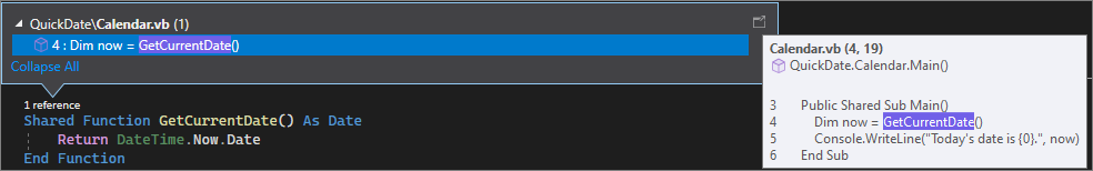 Screenshot przedstawiający CodeLens w Visual Studio 2022.