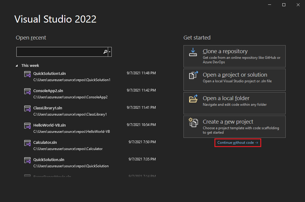 Zrzut ekranu ekranu startowego Visual Studio, z zaznaczonym linkiem Kontynuuj bez kodu.
