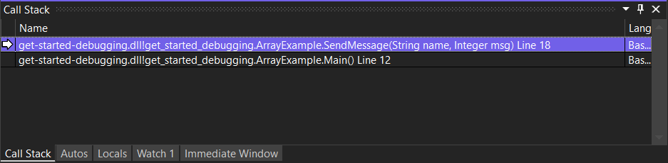 Zrzut ekranu przedstawiający okno stosu wywołań wywołań programu Visual Studio z wywołaniem metody SendMessage wyróżnionym w górnym wierszu.