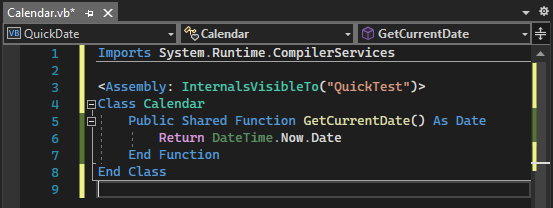 Zrzut ekranu przedstawiający kod Calendar.vb w oknie edytora kodu Visual Basic po dodaniu instrukcji Importów i wierszy z atrybutami zestawu.
