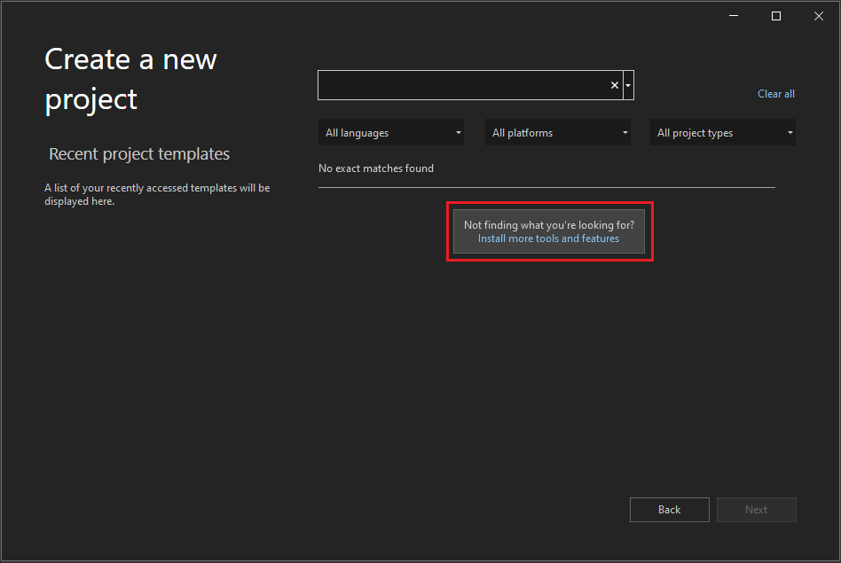 Screenshot przedstawiający okno Tworzenie nowego projektu w Visual Studio 2022 r. z wyróżnionym linkiem 