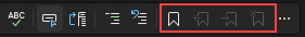 Zrzut ekranu z poleceniami i ikonami zakładek na pasku narzędzi Edytora tekstu w Visual Studio.