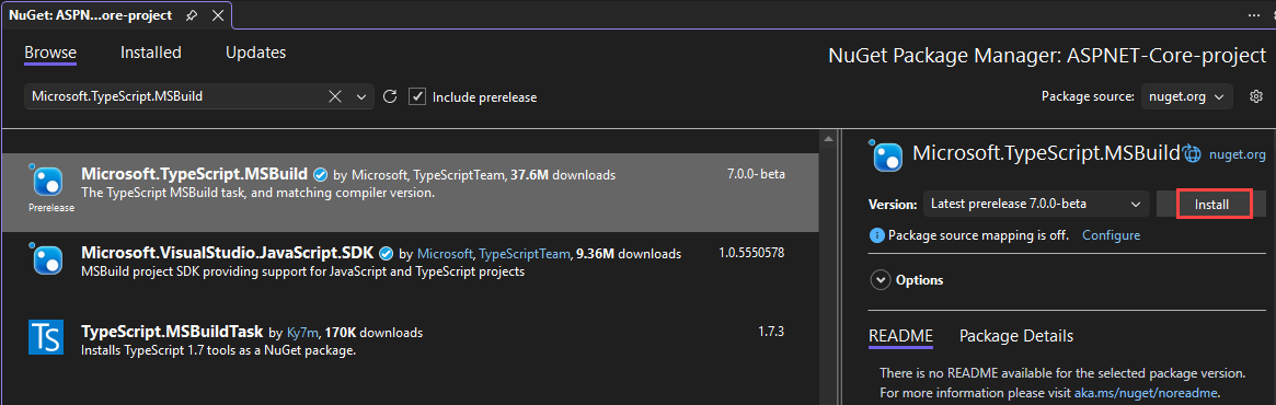  Zrzut ekranu menedżera pakietów Nuget w Visual Studio.