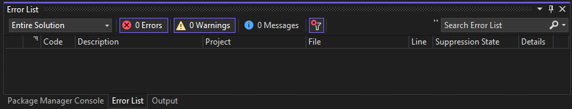  Zrzut ekranu listy błędów w Visual Studio 2022.