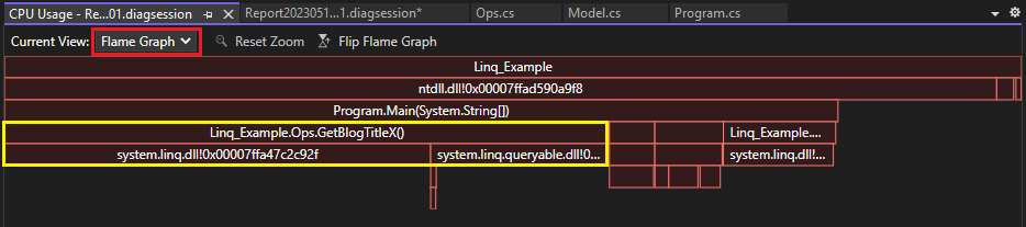 zrzut ekranu przedstawiający widok Wykres płomienia w narzędziu Użycie procesora CPU.