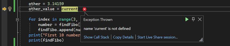 zrzut ekranu debugera programu Visual Studio dla języka Python z wyświetlonym wyskakującym okienkiem wyjątku.