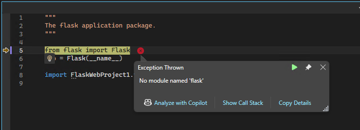 zrzut ekranu debugera programu Visual Studio dla języka Python z wyświetlonym wyskakującym okienkiem wyjątku.