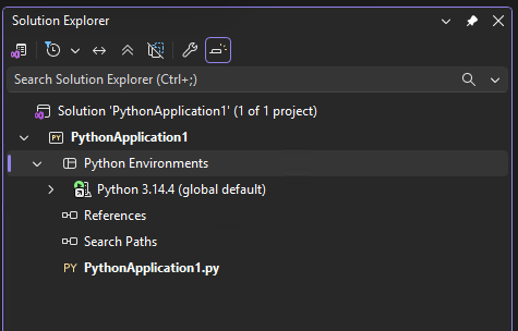 Screenshot przedstawiający globalne domyślne środowisko Python dla projektu w Eksplorator rozwiązań w Visual Studio.