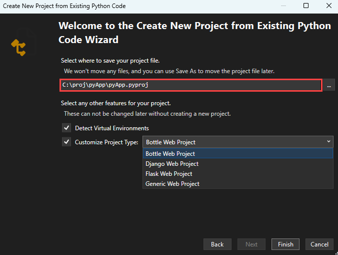 Ochwyt ekranu przedstawiający tworzenie nowego Project w oknie Istniejący kod, w tym lokalizację pliku project i inne ustawienia opcjonalne w Visual Studio.