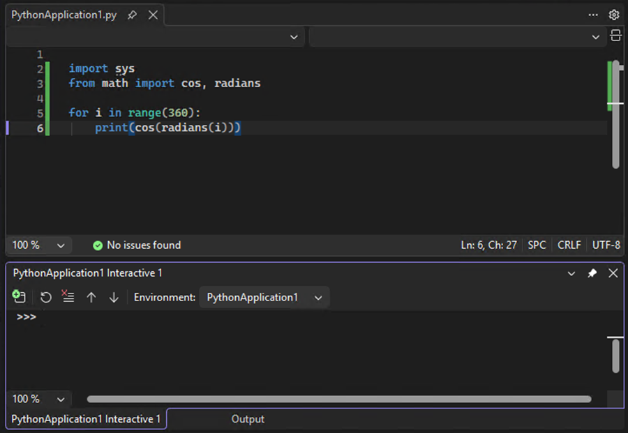 Zrzut ekranu przedstawiający okno interaktywne dla języka Python otwarte poniżej edytora kodu w programie Visual Studio.