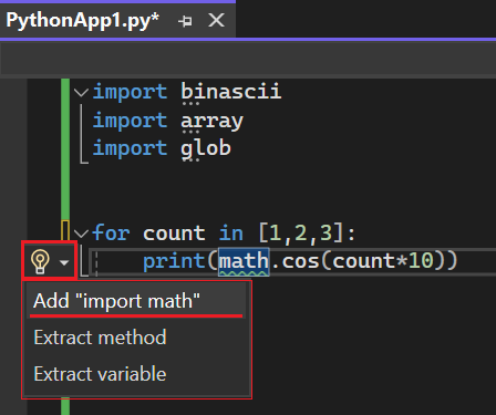 Zrzut ekranu przedstawiający inteligentny tag dla identyfikatora, który wymaga dodania instrukcji importowania w programie Visual Studio 2022.
