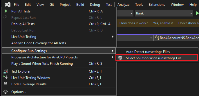 wybierz menu plików runsettings dla całego rozwiązania testowego w programie Visual Studio