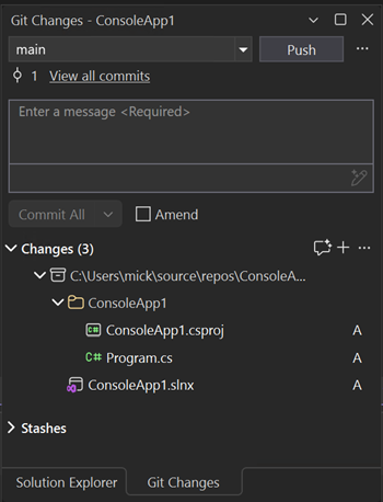 Zrzut ekranu przedstawiający okno Zmiany usługi Git w programie Visual Studio.