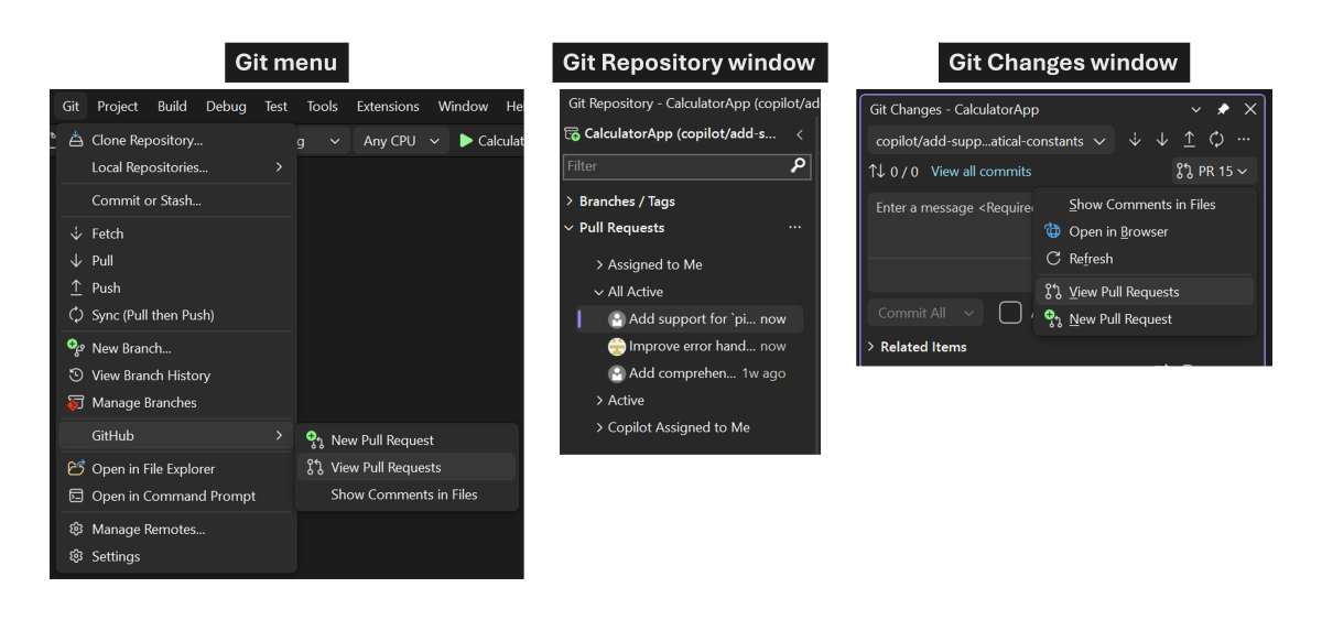 Zrzut ekranu przedstawiający trzy miejsca dostępu do żądania ściągnięcia zmian w Visual Studio: menu Git, okno Repozytorium Git i okno Zmiany Git.