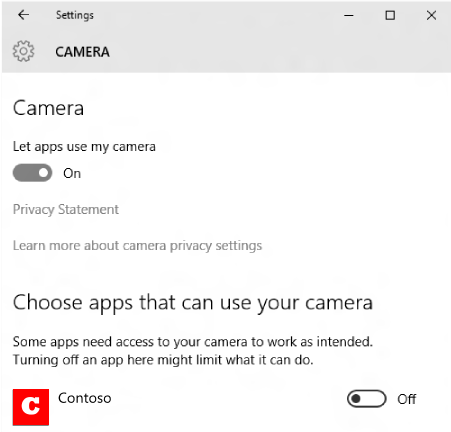 Zrzut ekranu przedstawiający ustawienia prywatności aparatu systemu Windows.