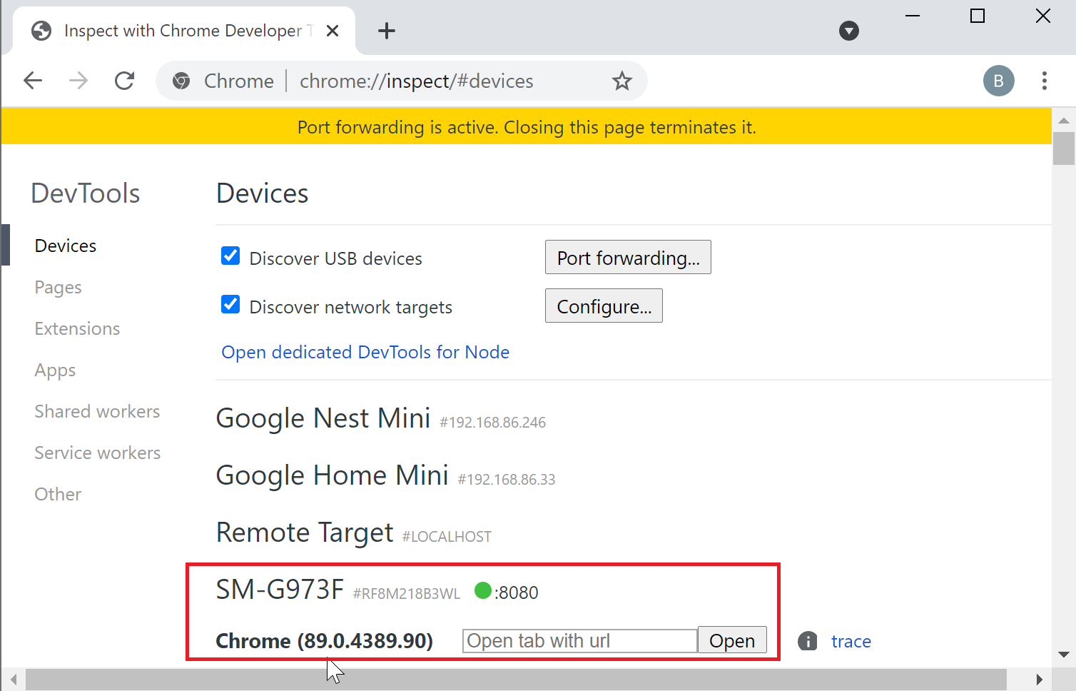 Chrome OKNO debugowania USB