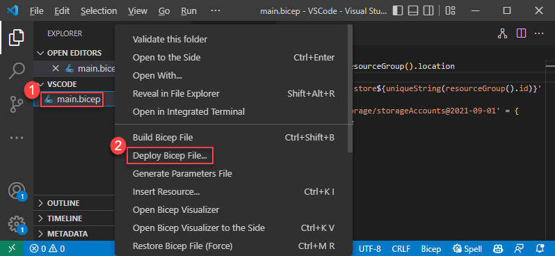 Captura de tela da implantação do arquivo Bicep no menu Contexto do painel do Explorer.