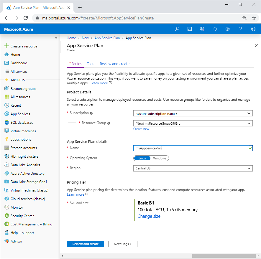Captura de tela da página Criar Plano do Serviço de Aplicativo no portal do Azure.