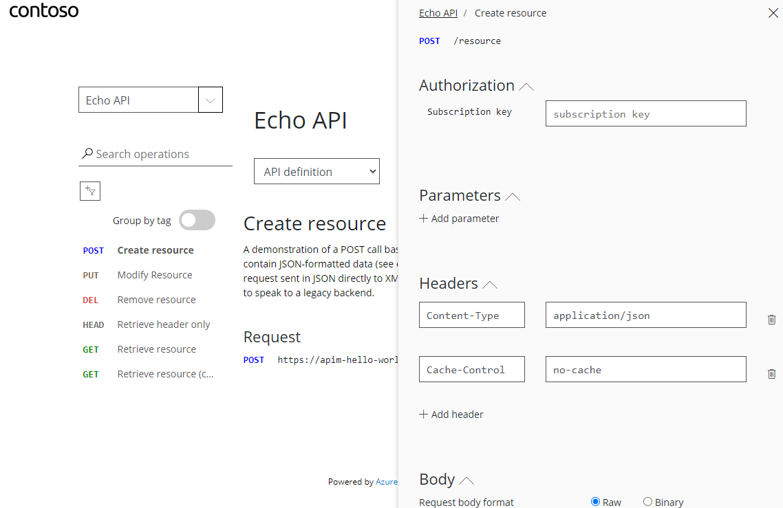 Captura de tela do console de teste no portal do desenvolvedor do API Management.
