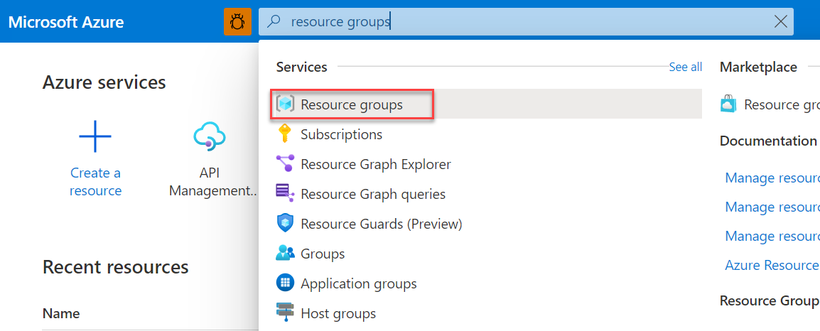 Captura de tela mostrando grupos de recursos na barra de pesquisa do portal.
