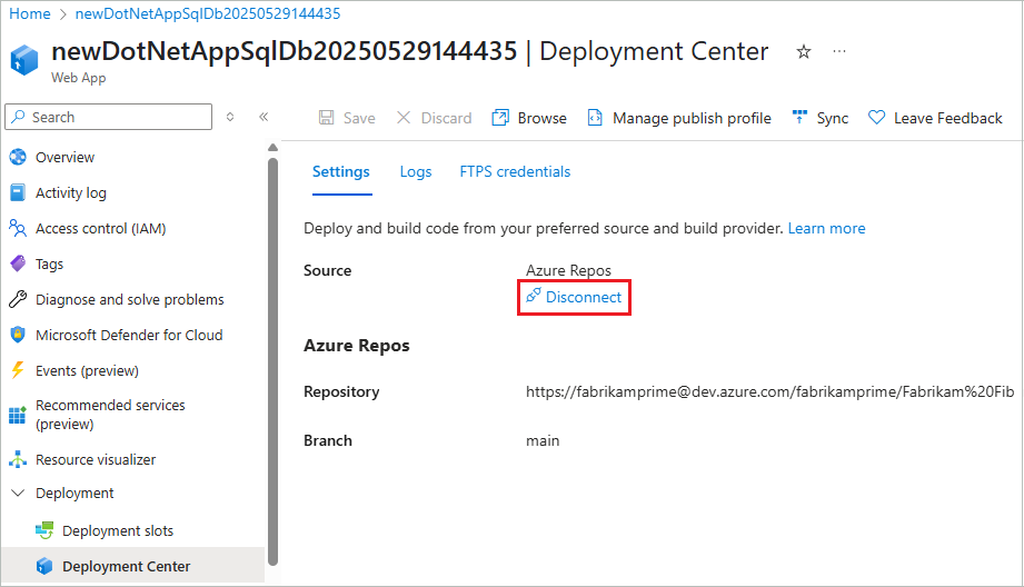 Captura de tela que mostra como desconectar a sincronização de pastas de nuvem com seu aplicativo do Serviço de Aplicativo no portal do Azure.