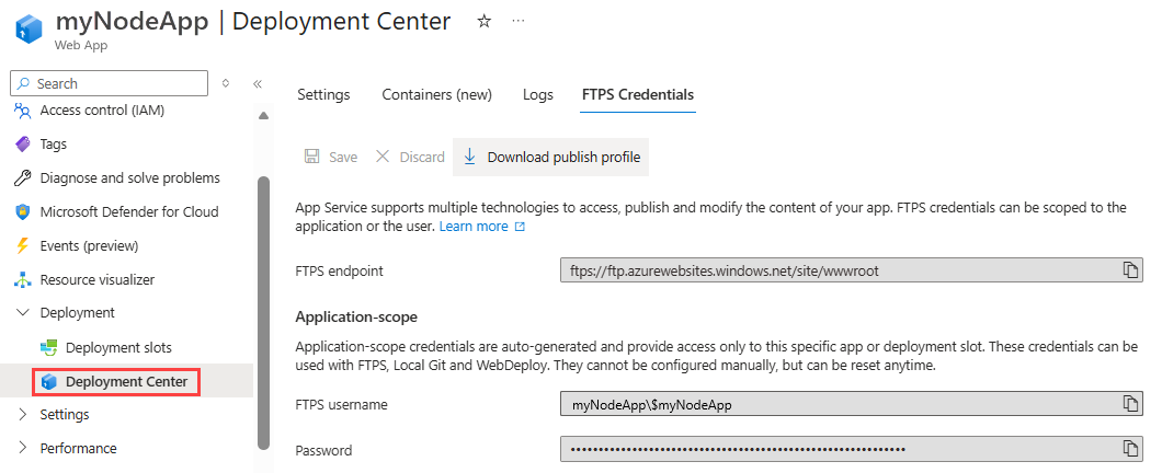 Captura de tela que mostra a guia de credenciais de implantação FTPS.
