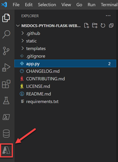Captura de tela do ícone das Ferramentas do Azure na barra de ferramentas esquerda do VS Code.