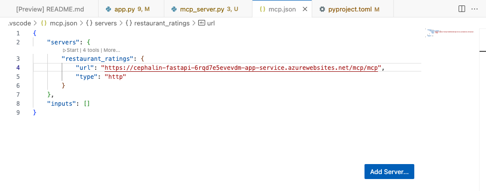 Captura de tela mostrando como iniciar manualmente um servidor MCP do arquivo de mcp.json local.