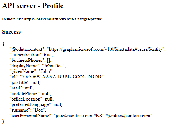 Captura de tela do navegador da web mostrando o aplicativo front-end após obter com sucesso o perfil real do aplicativo back-end.