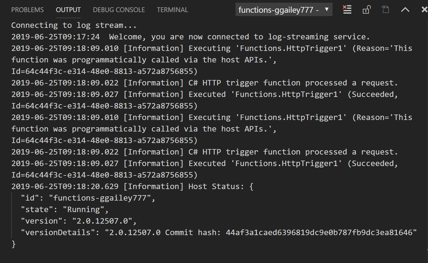 Captura de tela para saída de logs de streaming para gatilho HTTP.