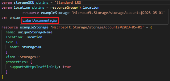 Captura de&nbsp;tela da opção Exibir Documentação no Visual Studio Code.