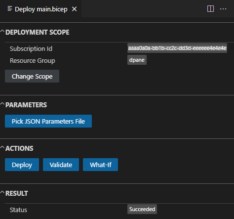 Captura de tela do painel de implantação no Visual Studio Code.