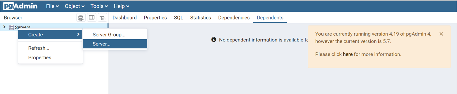 Captura de tela que mostra o processo para se conectar a um servidor do Banco de Dados do Azure para PostgreSQL usando a ferramenta de administração P G.