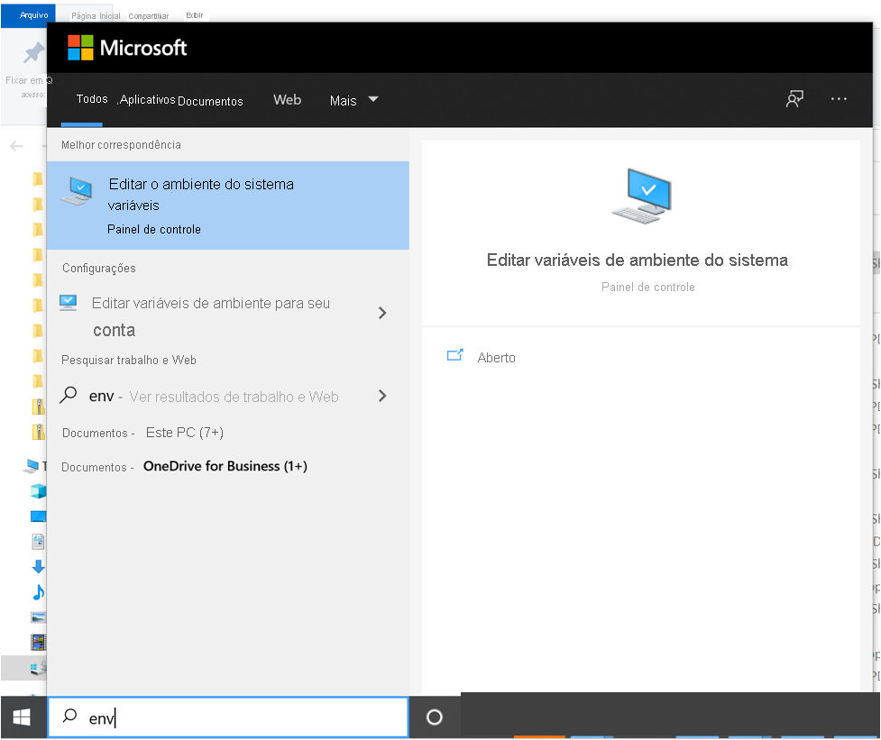 Captura de tela que mostra uma pesquisa do item painel de controle para editar variáveis de ambiente do sistema.