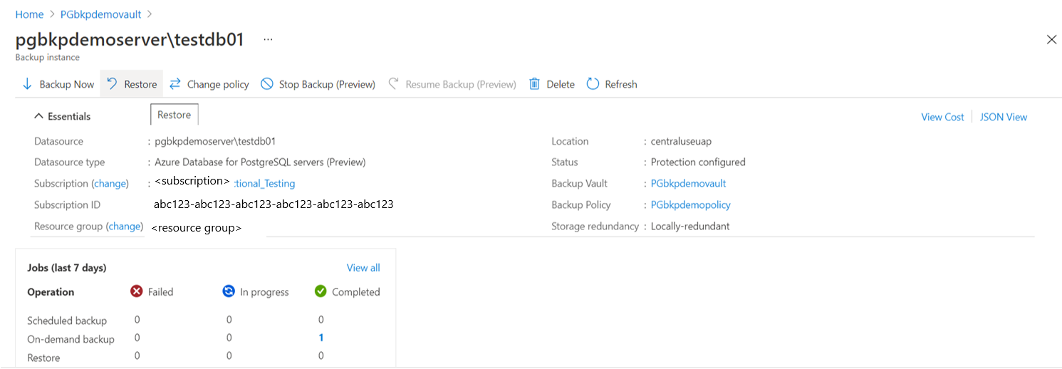 Captura de tela que mostra detalhes de uma instância de backup.