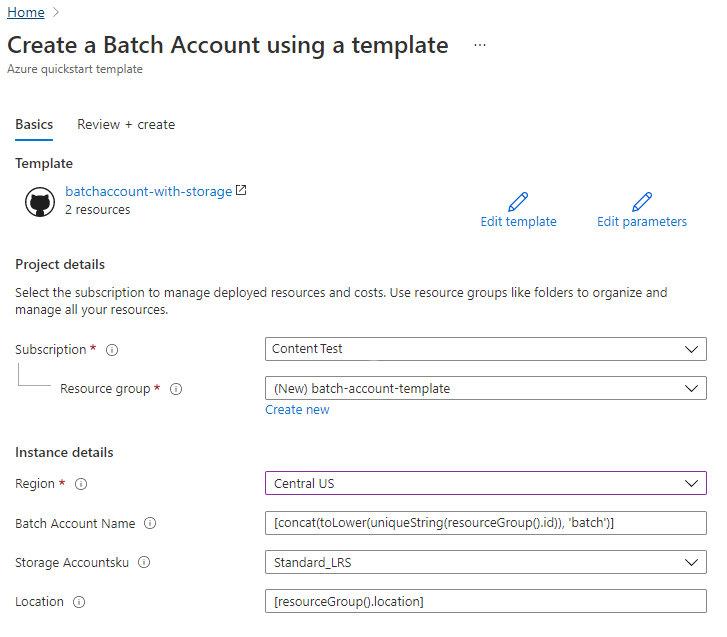 Modelo do Resource Manager, criação de conta do Batch, portal de implantação